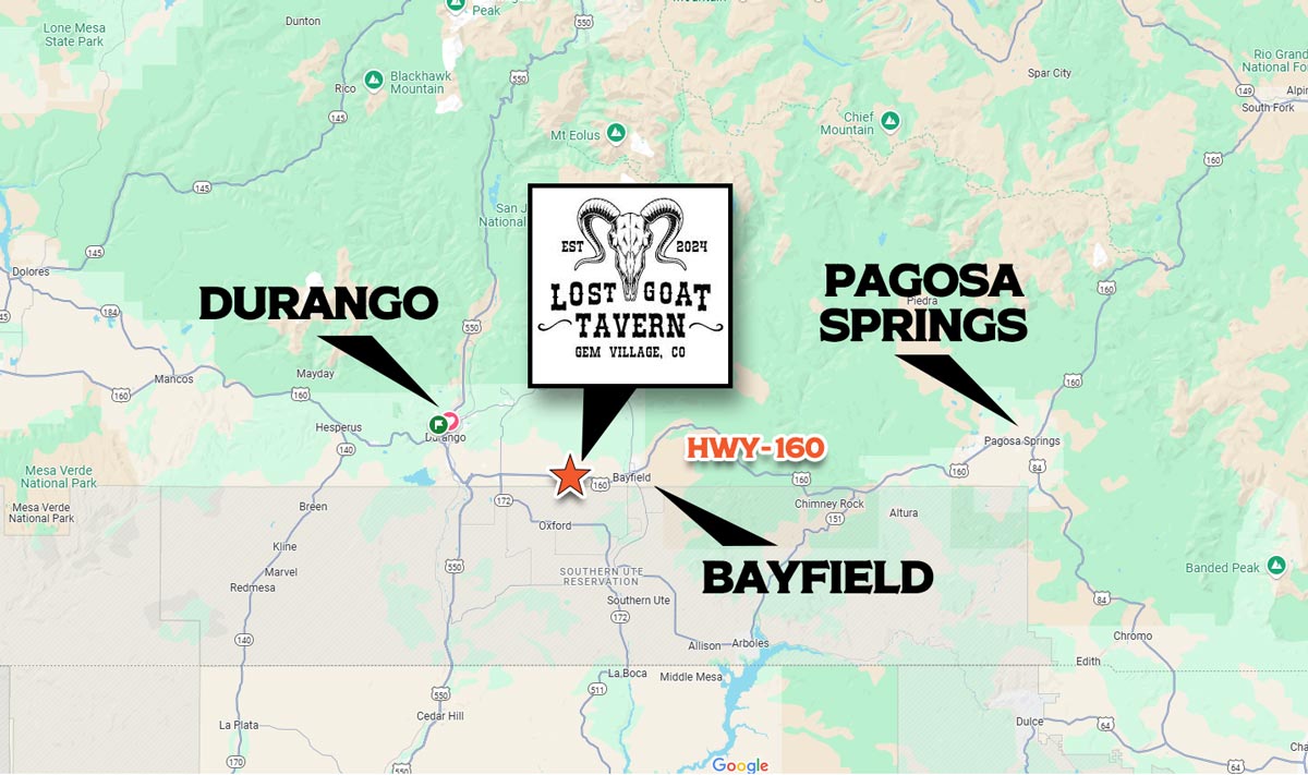 Map to Lost Goat Tavern, formerly the Billy Goat Saloon, in Gem Village / Bayfield, Colorado